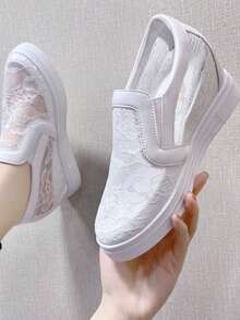 夏季蕾丝网眼一脚蹬厚底运动鞋，透气、百搭、舒适柔软的鞋底 - 白色 - 查看 2