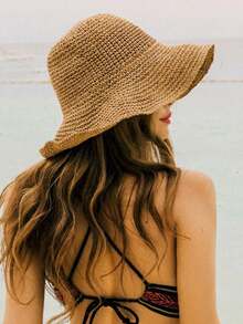 Sombrero de paja plegable versátil color caqui para mujer, sombrero de protección solar para exteriores de verano, sombrero de vacaciones estilo coreano para la playa