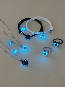 ATLVXJL 6pcs/Set Hollow Heart Shaped Projection Bead Luminous Necklace, Bracelet, Ring Jewelry Set, Casual Couple Accessories Suitable For Daily Wear And Valentine's Day Gift - Multicolor - View 7