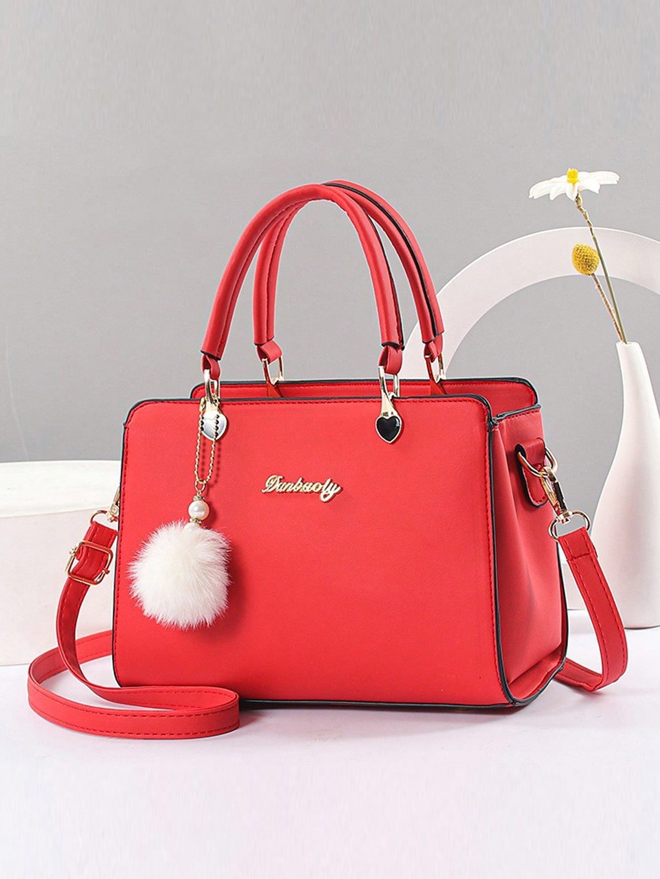 مجموعة محفظة وحقيبة يد بلون أحادي من الجلد الصناعي...