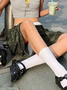 Women's Casual Camouflage Pattern Drawstring Waist Pocket Denim Shorts, Summer