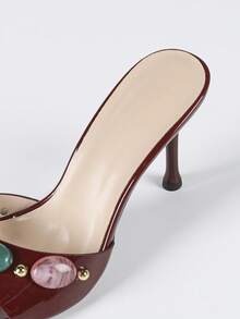 Sandales à talons hauts avec strass décoratifs et bout pointu pour femmes, talons hauts élégants et sexy pour soirée haut de gamme/mariage en rouge vin