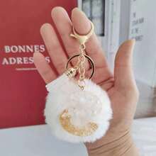 Christmas Festival Gifts Home Decorations-White Initial Letter Keychain With Soft Fluffy Fur Ball Pom-Pom Women Sweet Bag Purse Charm A-Z 26 Letter Pendant