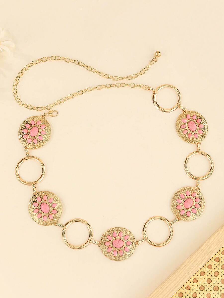 1件复古银色康乔腰带，西部风格绿松石装饰腰链，复古牛仔腰带，适合搭配连衣裙和牛仔裤