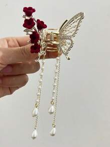 1 Peça Grampo de Cabelo com Tassels, Decorado com Strass em Formato de Borboleta e Pérolas Falsas, Acessório de Cabelo Elegante, Grampo de Cabelo, Presilha de Cabelo, Itens Escolares, Faculdade