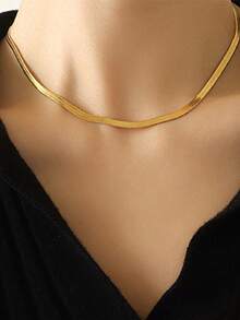 1pc Gold Fashionable Simple Chain Stainless Steel Jewelry Necklace With Unique Personalized - Yellow Gold - View 2
