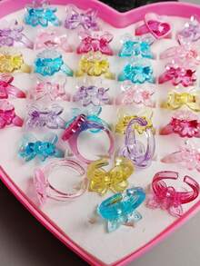 (Sin caja) Set de 10 anillos de dedo de resina con flores de caramelo, anillos de plástico rosa para niñas, regalos para fiestas, cumpleaños y joyería aleatoria para niñas - A - Ver 5