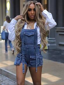 Summer Cargo Denim Romper Overall For Women Short Blue Jean Casual Jumpsuits With Pockets  Plain  Casual    Pocket  Button  Lace Up - Màu xanh lam - Xem 3