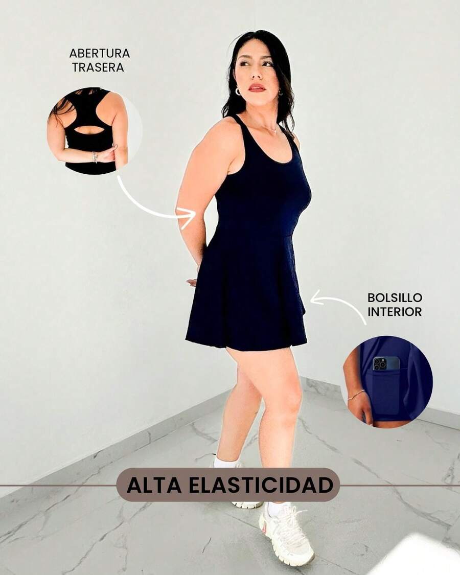 Vestido deportivo, vestido de tenis para mujer, ropa deportiva, short con bolsillo incluido - Negro - Ver 1