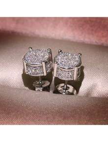 1 Pair Unisex Fashionable Versatile Rhinestone Stainless Steel Stud Earrings (With 1 Extra Earring Back), Suitable For Outdoor, Travel, Party, Gift, Daily Wear