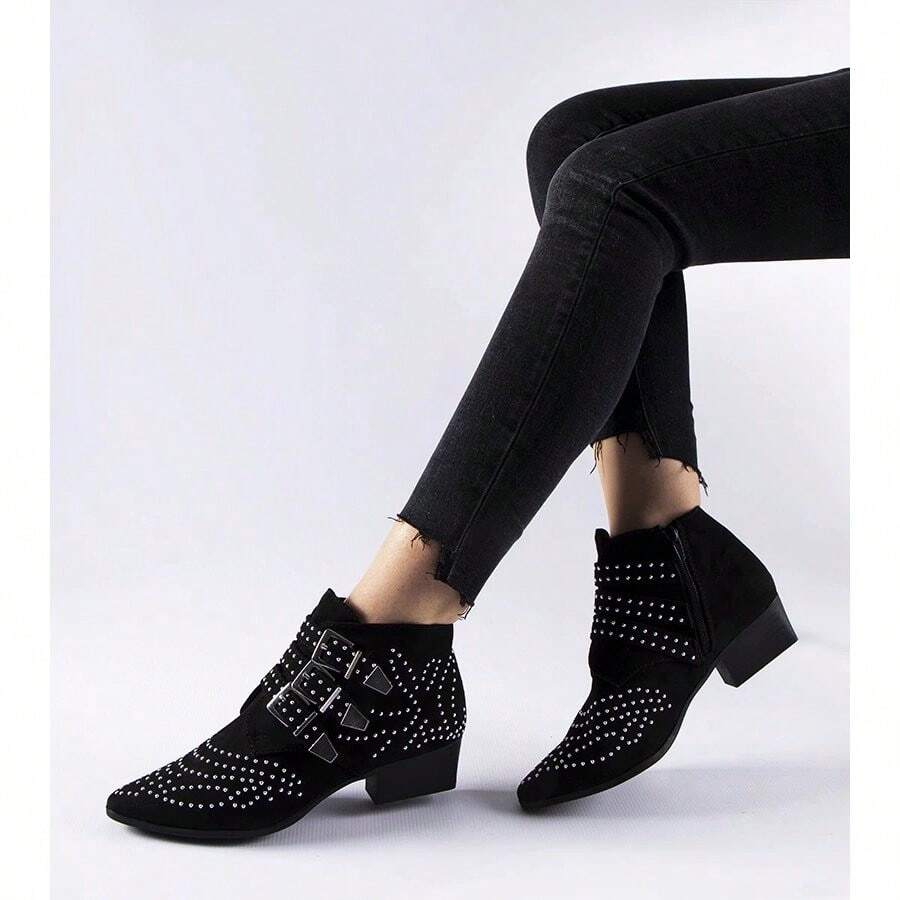 Women's Stylish Black Studded Ankle Boots With Buckle Details Rocker Chic Pointed Toe Booties - Black - View 1