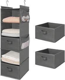 Organizador colgante de armario con 5 estantes Houser, ahorrador de espacio, estantes colgantes de tela con 4 bolsillos laterales, plegable, color negro - Gris - Ver 8
