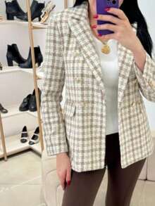 Women's Tweed Plaid Blazer,Casual Elegant Plaid Buttons On The Front Button. - 米色 - 查看 3