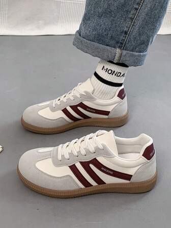 女士多功能撞色纯色学院风休闲鞋，平底防滑系带圆头橡胶底休闲运动鞋，酒红色撞色设计，日常百搭休闲鞋，尺码36-41，时尚