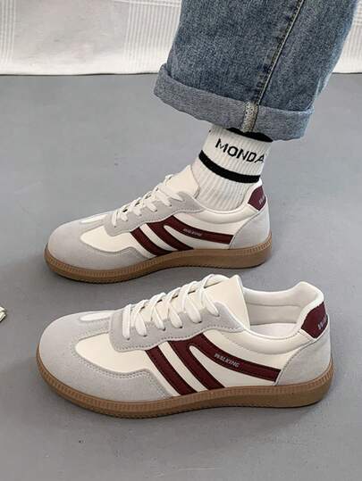 女士多功能撞色纯色学院风休闲鞋，平底防滑系带圆头橡胶底休闲运动鞋，酒红色撞色设计，日常百搭休闲鞋，尺码36-41，时尚