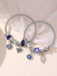 Set de 2 piezas de pulseras para niñas con cuentas con diseños de corazón, flor y ojo malvado - Multicolor - Ver 10