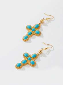 1 par de aretes con dije de cruz de aleación de oro con incrustación de turquesa verde, elegantes y adecuados para el Día de la Ascensión y uso diario de las mujeres