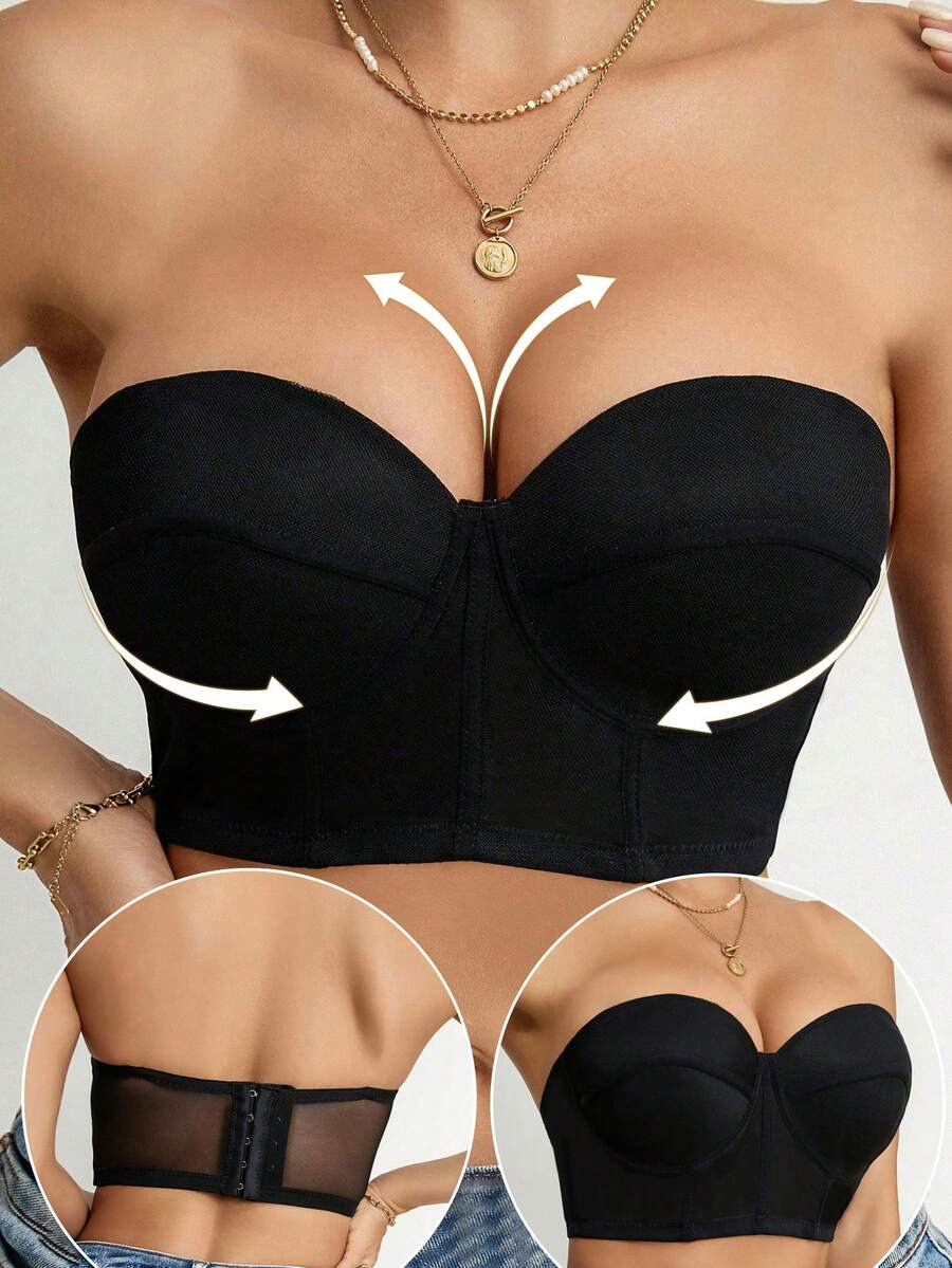 女士长款无肩带钢圈文胸，无缝露背设计，配有可拆卸透明肩带 - 黑色 - 查看 1