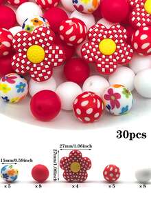 30 Silicone Beads, 15mm Printed Round Beads Paired With Loose Checkered Flower Spacer Beads, Suitable For Handmade DIY Jewelry Making, Bracelets, Necklaces, Keychains/Pen Beads, Mobile Phone Pendants, Bag Accessories, Birthday Gifts, And Gifts For Women.