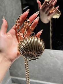 设计师珍珠链女士斜挎包金属外壳迷你单肩包钱包包 - 香檳色 - 查看 1