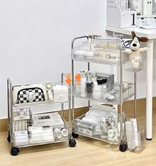 3 Niveles Carrito Organizador 4 Ruedas,Carrito Auxiliar para Estetica con 2 Cestas,Transparente Carrito de Servicio Almacenamiento,Ajustable Estante Carro Organizador para Cocina Baño Recamara ECYWE