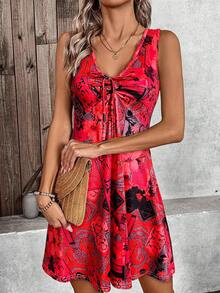 Vintage Floral Print Dresses With Tied Detail, Bohemia Chic Sleeveless Design Vest Dress, Casual Dresses For Women Summer,Fashion Vacation Outfits Women,Vintage Women Dresses - Rose Red - View 1