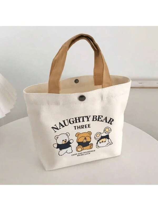 1 Piece Three Bear Canvas Bag, Storage Bag, Portable Handbag, Bento Box, Small Cartoon Canvas Bag, Versatile Lunch Box Bag, Simple Style, Suitable For Work