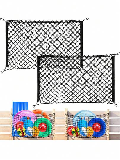 2pcs-Oversized Pool Toy Storage Net - 47*27.5 Inch Elastic Net With Screw Hooks, Outdoor Pool Storage Organizer For Balls, Rings, Chairs, Inflatable Floats, Pool Accessory Holiday Decorating Sets, Vehicle Storage Nets
