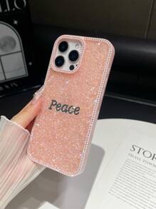 1 pieza Funda de teléfono con cobertura total y cristal con signo de paz y eslogan compatible con iPhone 15/15 Pro