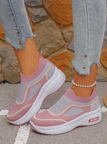 1 Pair Women Breathable Mesh Platform Wedge Sneakers With Non-Slip Sole, Comfortable Slip-On Casual Shoes