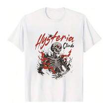 "Unisex 100% Cotton Round Neck Short - Sleeve T - Shirt - Edgy 'Hysteria Club' Skeleton Graphic For Summer Men's Tops" - 白色 - 查看 6