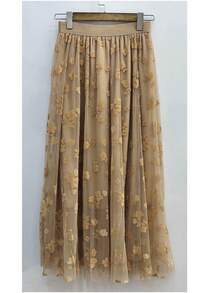 Long Embroidered Tulle Skirt - Light And Romantic, 100% Polyester - Camel - View 2