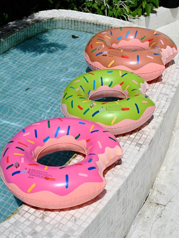 1pc Creative Donut Shaped Inflatable Swimming Ring, Brown/Green/Pink, Summer Pool And Beach Floats, Party Decorations, Perfect Summer Gift Swim Lounge Chair For Adult Vacation Fun And Relaxation