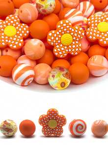 30 Silicone Beads, 15mm Printed Round Beads Paired With Loose Checkered Flower Spacer Beads, Suitable For Handmade DIY Jewelry Making, Bracelets, Necklaces, Keychains/Pen Beads, Mobile Phone Pendants, Bag Accessories, Birthday Gifts, And Gifts For Women.