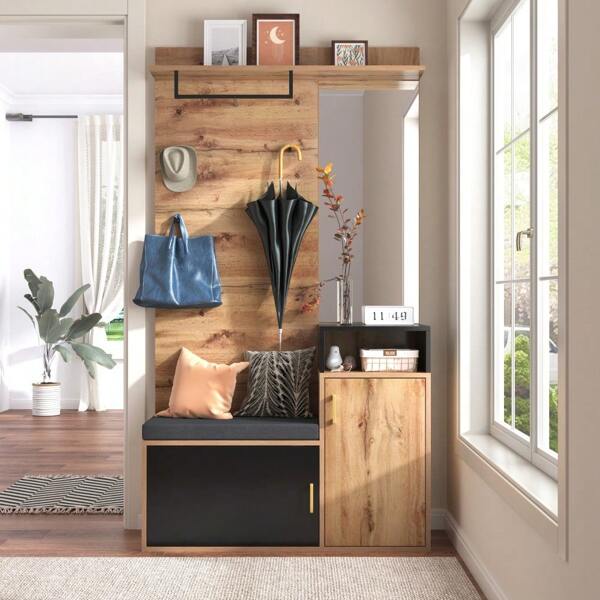 1 Stück elegantes Flur- & Garderobenset in Schwarz-Holz-Design mit 2 Schuhfächern (9-12 Paar), integrierter Schuhbank, Spiegel, 4 Garderobenhaken & Garderobenstange – ideal für stylische Eingangsbereiche mit hohem Ordnungsbedarf