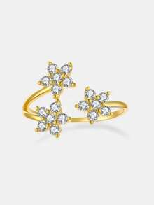 925 纯银五叶草三花镀 14K 金/铂金戒指，简约奢华雪花 CZ 可调节戒指，韩式风格，送给女朋友的礼物，周年纪念珠宝