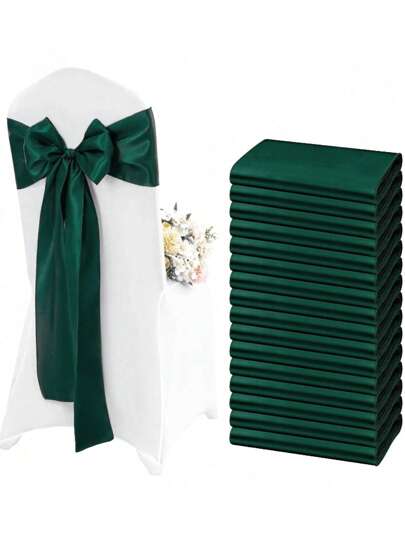 1pc/6pcs/10pcs Dark Green Satin Chair Bow Ties Silk Chair Ribbon Sash Belt Party Wedding Chair Sash Knot For Birthday, Event, Hotel, Restaurant, Ceremony, Banquet Decoration