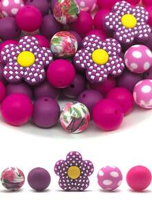30 Silicone Beads, 15mm Printed Round Beads Paired With Loose Checkered Flower Spacer Beads, Suitable For Handmade DIY Jewelry Making, Bracelets, Necklaces, Keychains/Pen Beads, Mobile Phone Pendants, Bag Accessories, Birthday Gifts, And Gifts For Women.