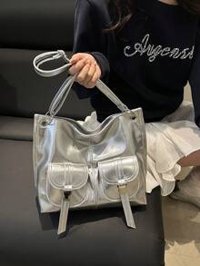 Vintage High-End Oil-Waxed Leather Tote Bag, Chic&Versatile, Large Capacity Casual Shoulder & Crossbody Bag For Women - Silver - View 4