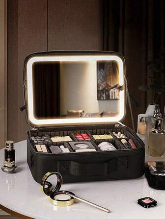 1 Stück schwarze Reise-Make-up-Tasche mit Spiegel, große Kapazität, Kosmetik-Aufbewahrungsbox, tragbare Reise-Make-up-Tasche mit LED-Licht-Spiegel, Make-up-Zubehör für Reise-Aufbewahrungstasche, Make-up-Tasche, Kosmetiktasche, Urlaubsorganizer, großer Kapazität Make-up-Organizer, Make-up-Koffer für Lippenstift, Pinsel, Hautpflege, Handy, Münzen, kleine Artikel, für Zuhause, Geschenk, Urlaub und Festival, Halloween, Weihnachten, multifunktionale Nutzung, Boho Vibes, für Urlaub am Strand, Badezimmer-Kollektion, Schlafzimmer-Kollektion, große Kapazität