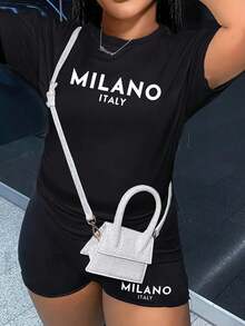 Plus Size Women's Printed Short Sleeve And Shorts Simple Daily 2 Pieces Set - Black - View 2