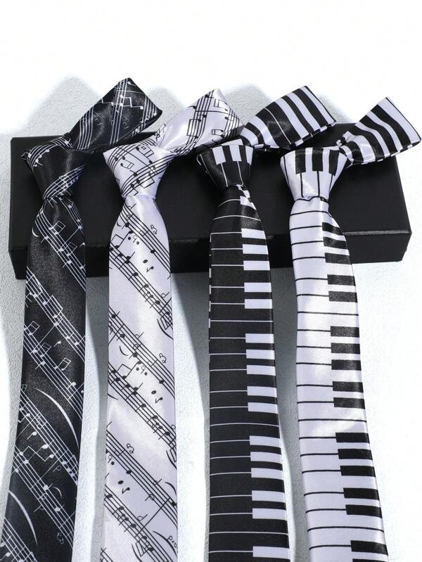 1pc Unisex Black & White Piano Keys & Music Staff Pattern Self-Tie Necktie, Suitable For Casual, Streetwear, Party