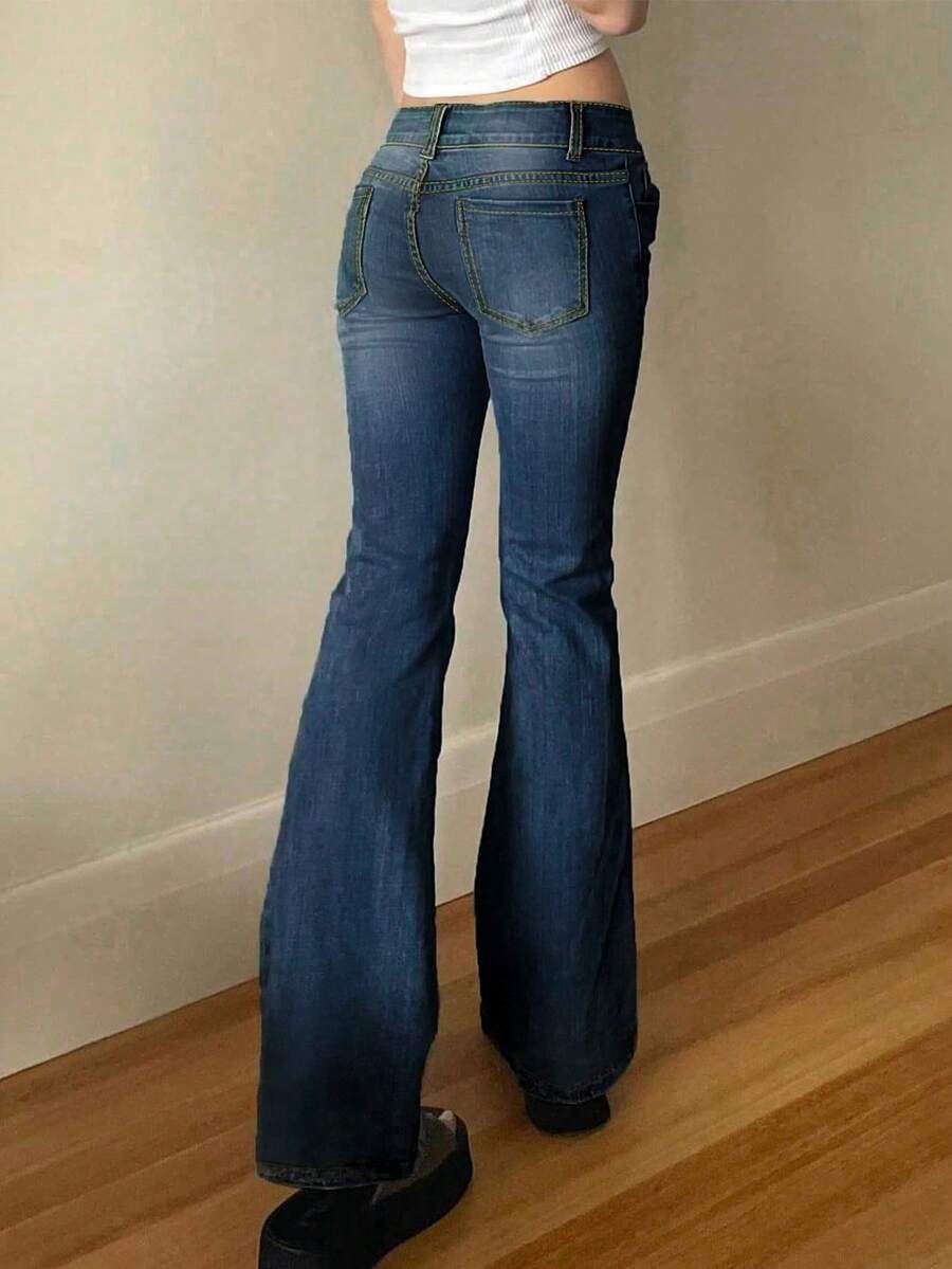 Pantalones acampanados ajustados de cintura baja para mujer, estilo Y2K, de moda urbana europea y americana transfronteriza. - Azul lavado oscuro - Ver 1
