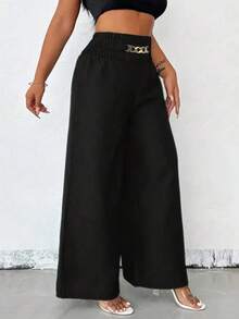 Women's High-Waisted Wide-Leg Pants With Gold Chain | Linen Style | S To L | New Release - Black - View 3