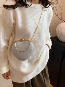 1件全新独特设计闪亮心形戒指手提包，带链条，时尚单肩/斜挎包，适合约会、休闲外出、情人节，个性化奢华晚宴手拿包 - 銀色 - 查看 10