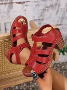 IH2 Sandalias de tacón grueso con cierre de gancho y bucle de unicolor para mujer, sandalias de tacón alto versátiles de moda casual - Rojo - Ver 2