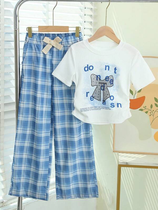 Two Pieces Girls Suit. Girls Two Pieces Suit. Bow Print T-Shirt With Blue Plaid Pants. Suitable For Summer Girls Casual Wear.