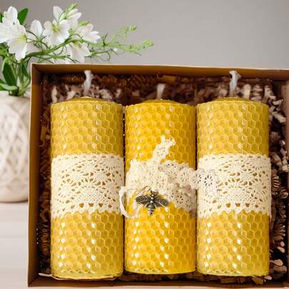 Rolled Beeswax Candles, 3 Packs, Honeycomb Beeswax Pillar Candles, Wax Molding Materials Bee Farm Gifts For Candle Lovers, Home Decor, (2x4 In)