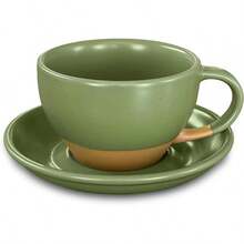 Mora Ceramic Latte Art Mug With Saucer - 10.5 Oz, Round Bottom Pours - Cafe Cups Cappuccino, Espresso, Coffee, Tea Etc - Porcelain Set Baristas, Great - Chai Latte - 苔綠色 - 查看 1