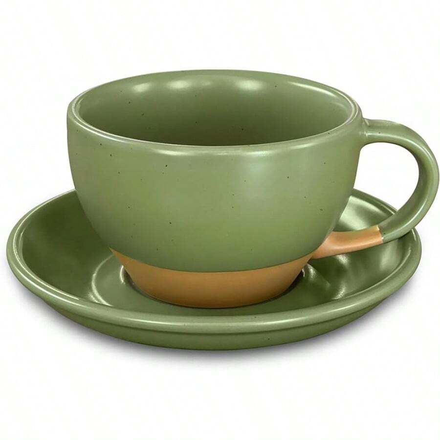 Mora Ceramic Latte Art Mug With Saucer - 10.5 Oz, Round Bottom Pours - Cafe Cups Cappuccino, Espresso, Coffee, Tea Etc - Porcelain Set Baristas, Great - Chai Latte - 苔綠色 - 查看 1